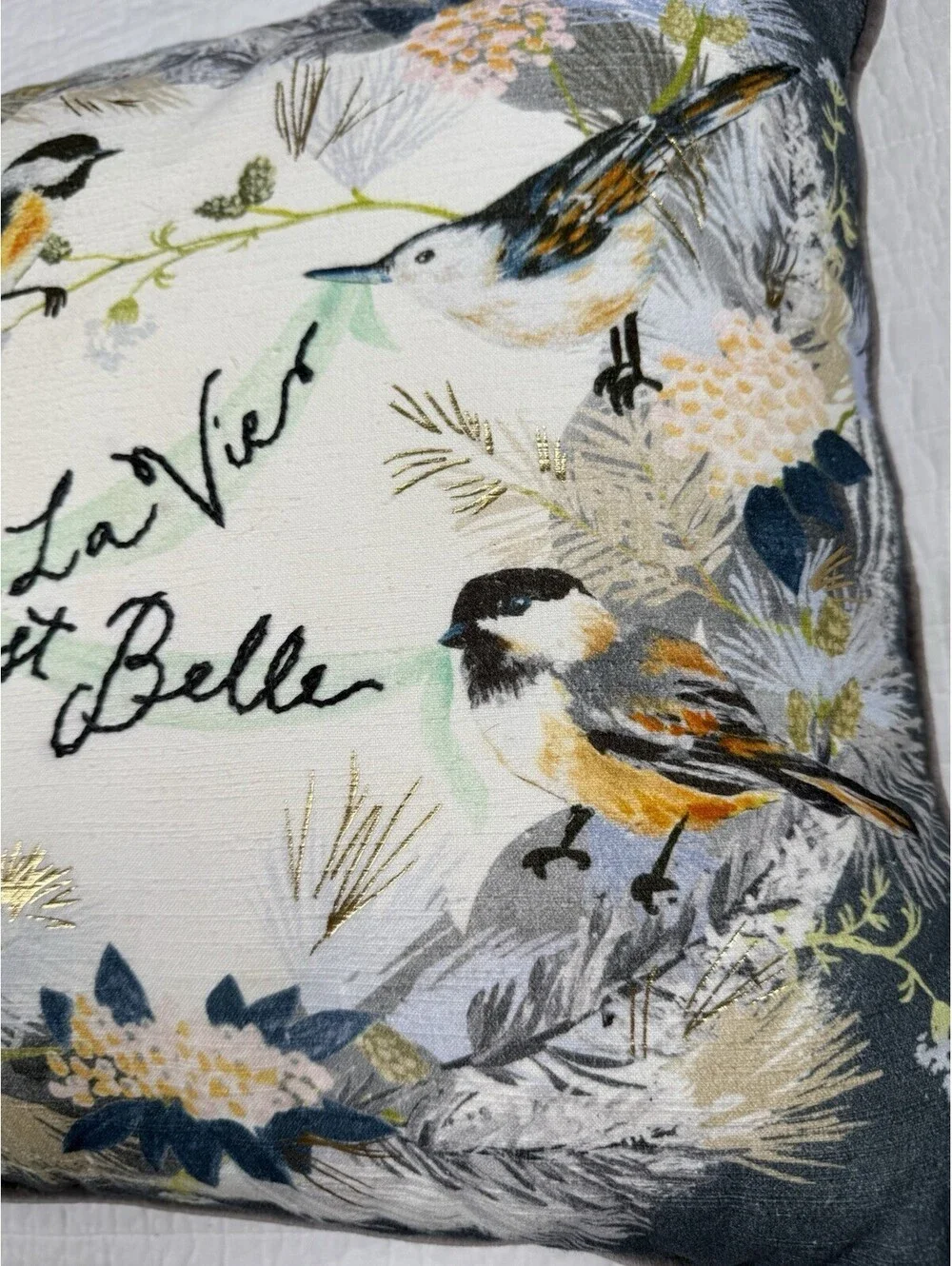 Anthropologie La Vie Est Belle Bird Throw Pillow 18x18 Cotton Embroidered Zip
